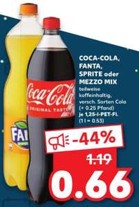 Coca Cola, Fanta, Sprite, MezzoMix 1,25 liter fles (.53/liter) @ Kaufland DE [Grensdeal]