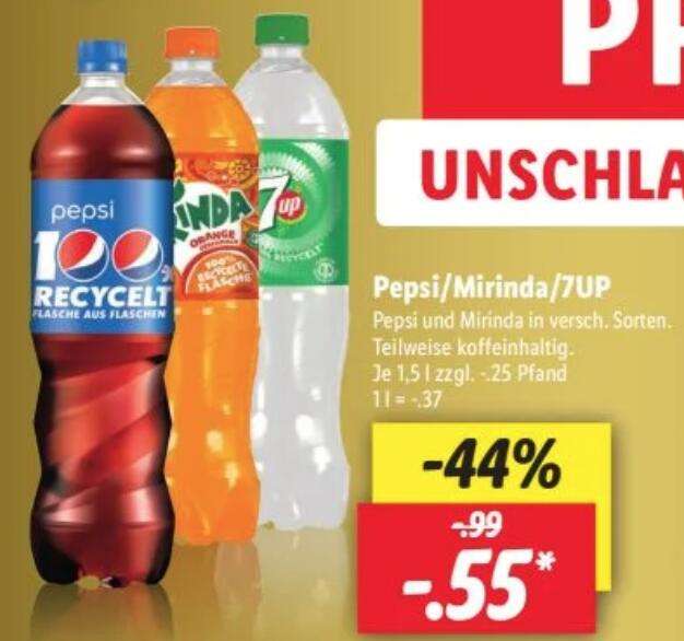 Pepsi, Mirinda, 7UP fles 1,5 liter (0.37/liter) @ Lidl DE [Grensdeal]