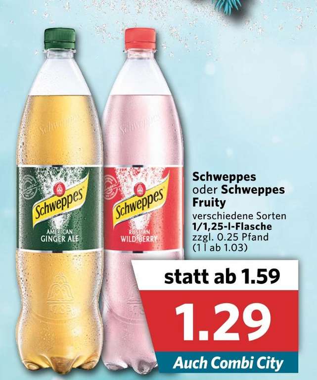 Alle Schweppes (Zero) + Fruity smaken fles 1,25 liter (1,03/liter) @ Combi DE [Grensdeal]