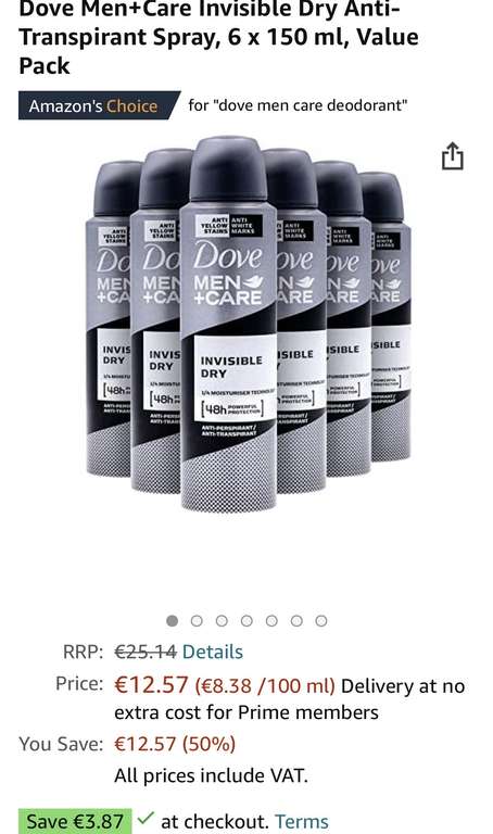 Dove Men+Care Invisible Dry 6x 150ml @Amazon