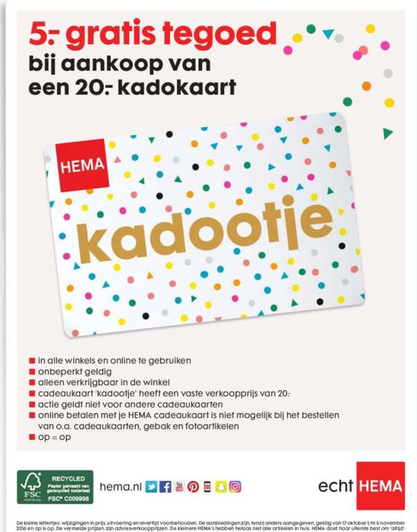 HEMA 5.- euro tegoed bij aankoop van een 20.- kadokaart