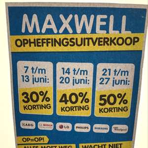 Opheffinfsuitverkoop Maxwell winkels. 30% tm 50%