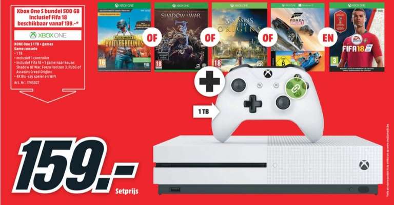 (belgie) Xbox One S 1TB + Fifa 18 + extra game (vanaf 11 juni)