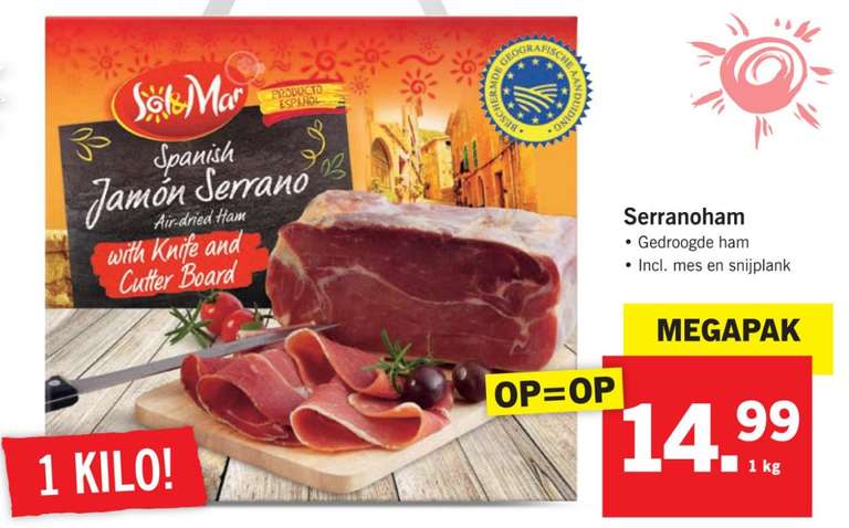 Lidl: Serrano ham (1 kilo) met mes en snijplank (€14,99)