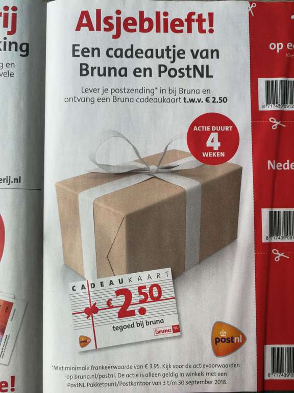Lever je postzending in bij Bruna en ontvang een cadeaukaart twv €2,50