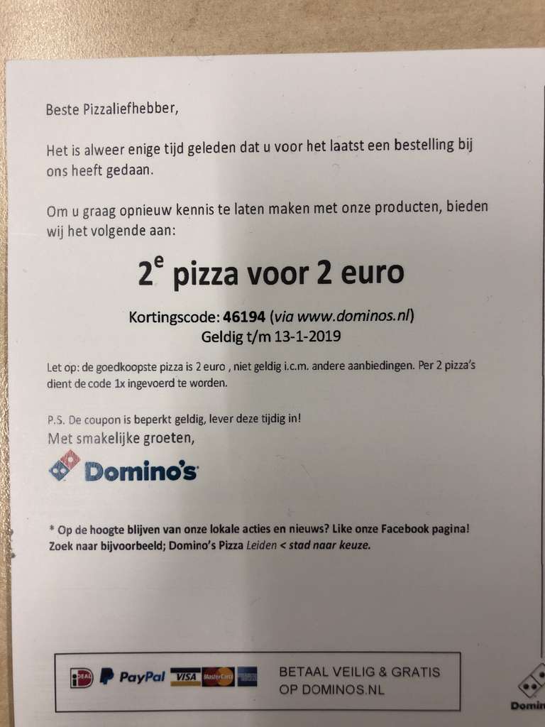2e pizza voor 2 euro - Dominos