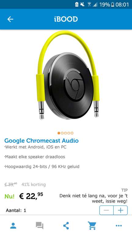 Google chromecast audio voor €28.90 incl verzendkosten.@ ibood