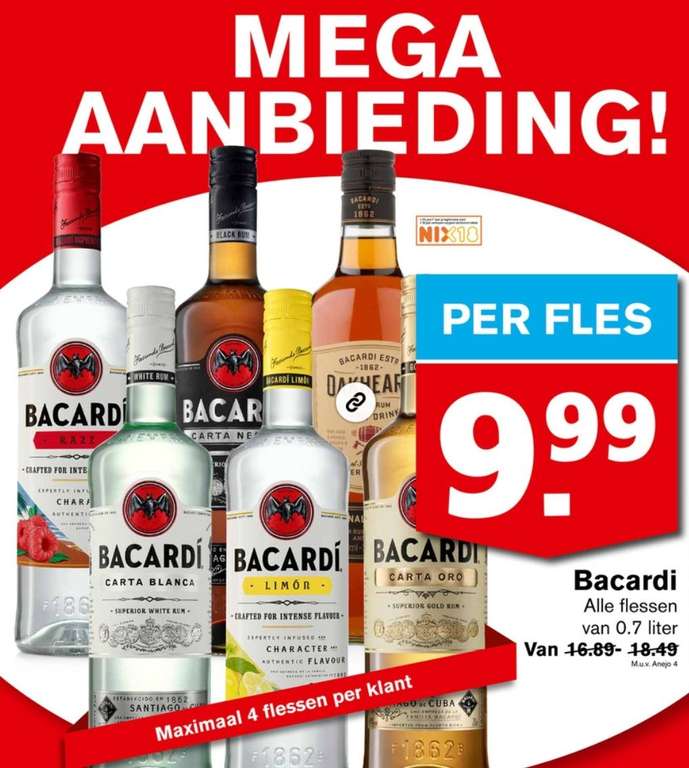 Alle Bacardi 0.7L flessen €9,99!