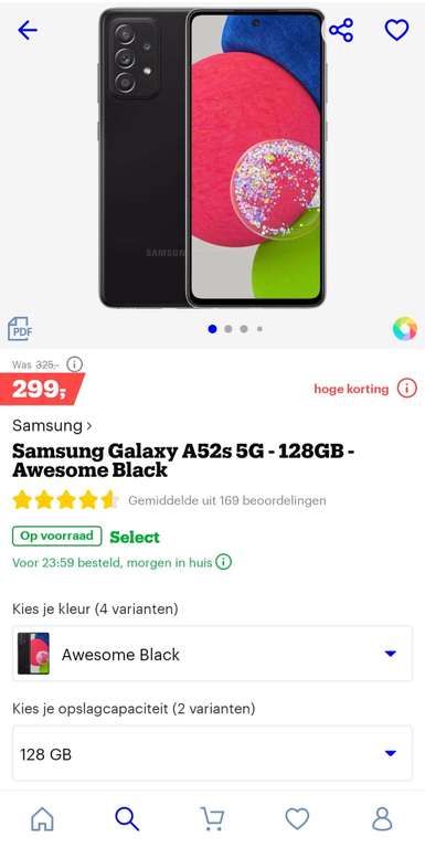 Samsung A52s 5G 128GB €304-50=254 na cashback