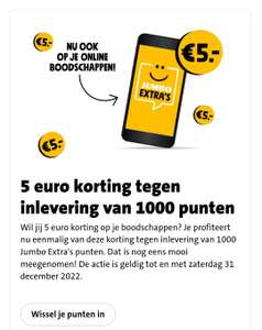 Jumbo: 5 euro korting bij online bestelling vanaf €50 met Jumbo Extra's (1000 punten)