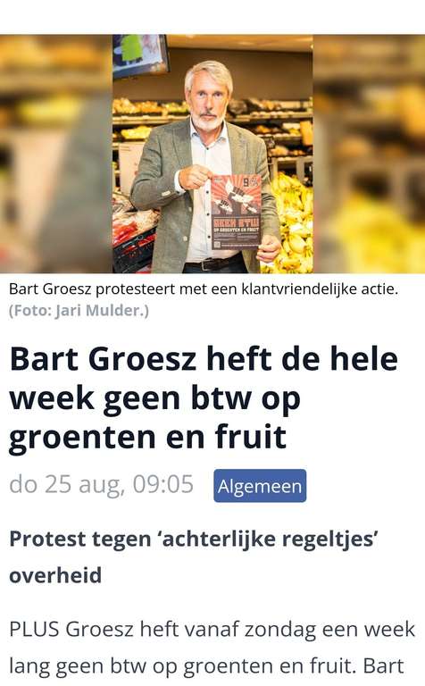 [lokaal] PLUS-supermarkt in Rozenburg schrapt een week lang de 9 procent btw op groenten en fruit.