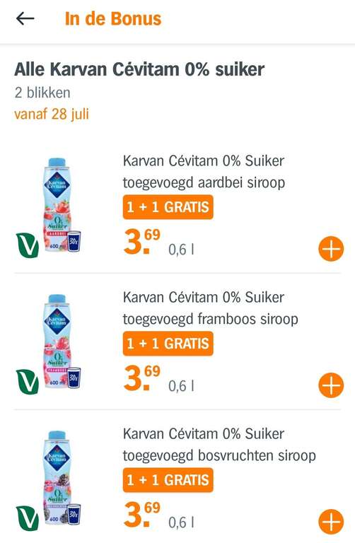 Alle Karvan Cévitam 0% suiker, 1 + 1 gratis (Bij Albert Heijn)