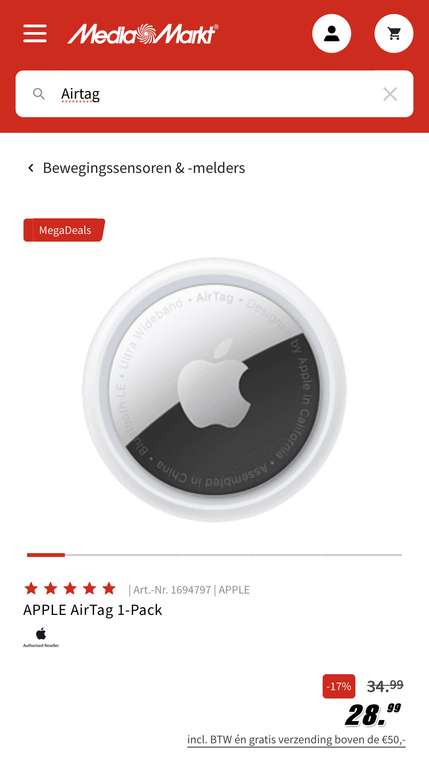 Apple Airtag 1 stuk €28,99 @ Mediamarkt (en Amazon.nl)