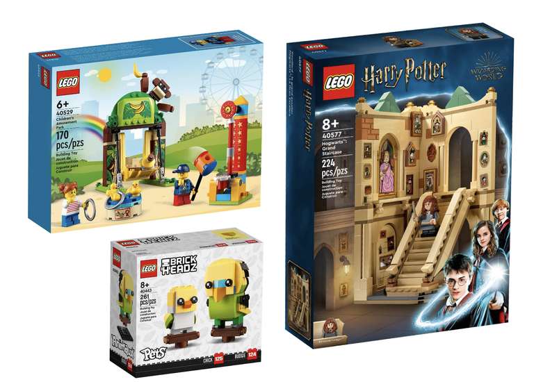 3x promo cadeau bij LEGO (LEGO Kinderkermis + Zweinstein Trappenhuis + BrickHeadz Parkiet)