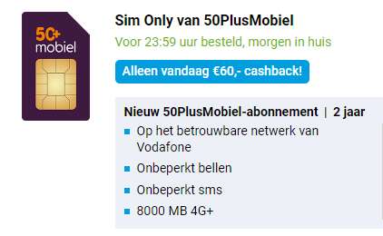 €60,- cashback bij een 2-jarig 50+ mobiel - sim-only abonnement (vanaf 8gb)