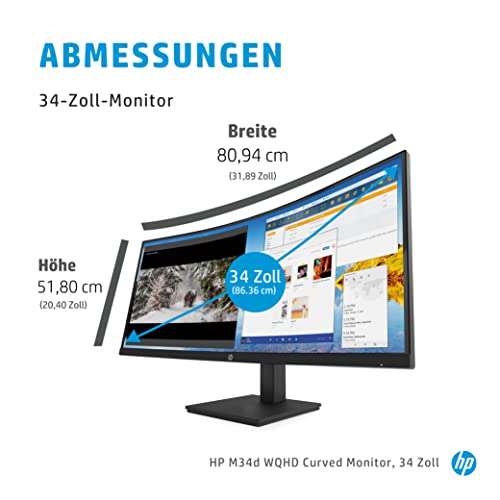 HP M34d Monitor - 34 inch gebogen scherm, WQHD VA Display, 100Hz, 5ms reactietijd, HDMI, DisplayPort, USB-C, 4xUSB-A, zwart @ Amazon DE