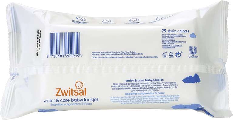 Zwitsal Water & Care Billendoekjes, voor milde reiniging van de babyhuid – 900 stuks – Voordeelverpakking