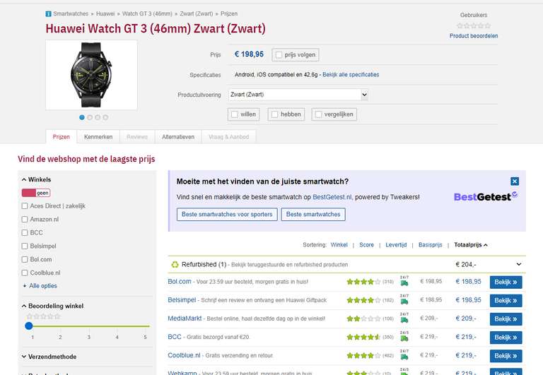 Huawei watch gt3 zwart (46mm)