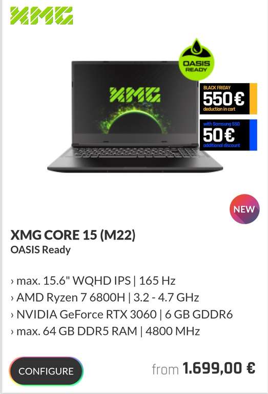 XMG CORE 15 (M22) LAPTOP - AMD Ryzen 7 6800H › NVIDIA GeForce RTX 3060 | 6 GB GDDR6