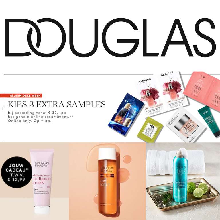 DOUGLAS collection tot 50% korting + 2 gratis producten (va €25) + 3 extra samples (va €30) + wenskaart cadeau