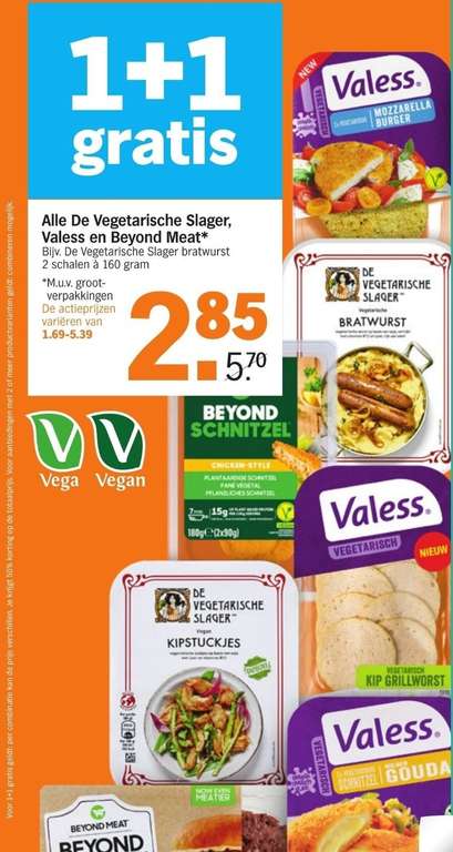 1 + 1 gratis De Vegetarische Slager, Valess & Beyond Meat