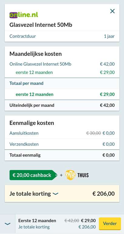 50 MB glasvezel via Online.nl €29,00 voor 12 maanden plus cashback