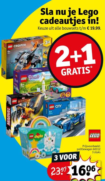 Lego 2+1 gratis op sets tot €19,99 @Kruidvat