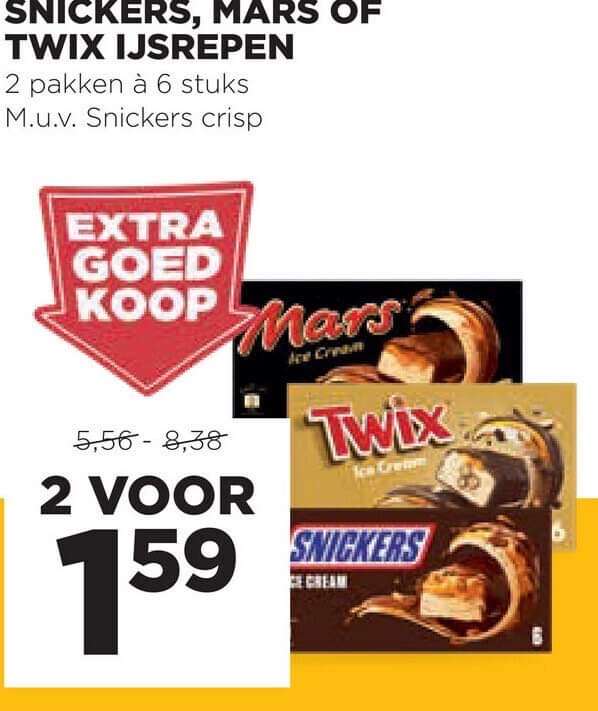 [drukfout] 2 pakken Snickers, Mars of Twix roomijs (6 stuks) voor €1,59 @ Jumbo
