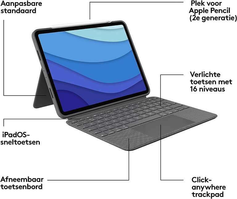Logitech Combo Touch iPad Pro 11" (1e, 2e, 3e, 4e generatie - 2018, 2020, 2021, 2022) - QWERTY Grijs