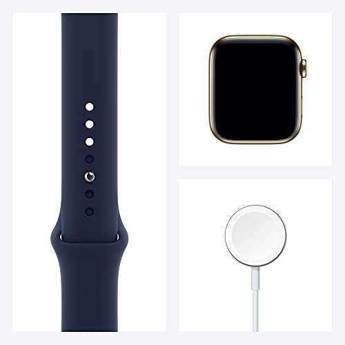Apple Watch Series 6 (GPS + cellular, 44 mm) - roestvrijstalen behuizing goud, sportarmband donkermarine