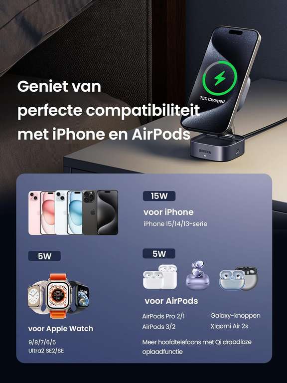 UGREEN opvouwbaar 2 in 1 Qi2 (15W) iPhone-oplaadstation voor €47,99 @ Amazon NL