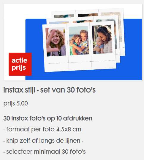 Instax stijl foto's: set van 30 voor €6,50 incl. verwerkingskosten @ HEMA