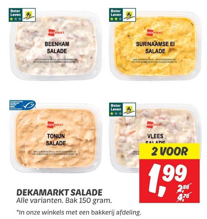 2 bakjes salade á 150 gram voor €2 bij Dekamarkt