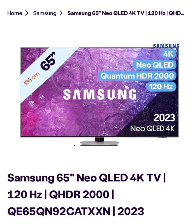 Samsung 65" Neo QLED 4K TV | 120 Hz | QHDR 2000 | QE65QN92CATXXN | 2023