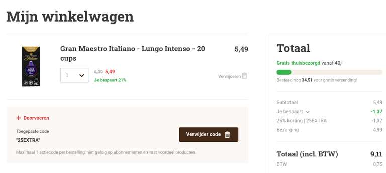 Ontvang met kortingscode 25EXTRA 25% extra korting op diverse koffies @ Koffievoordeel.nl