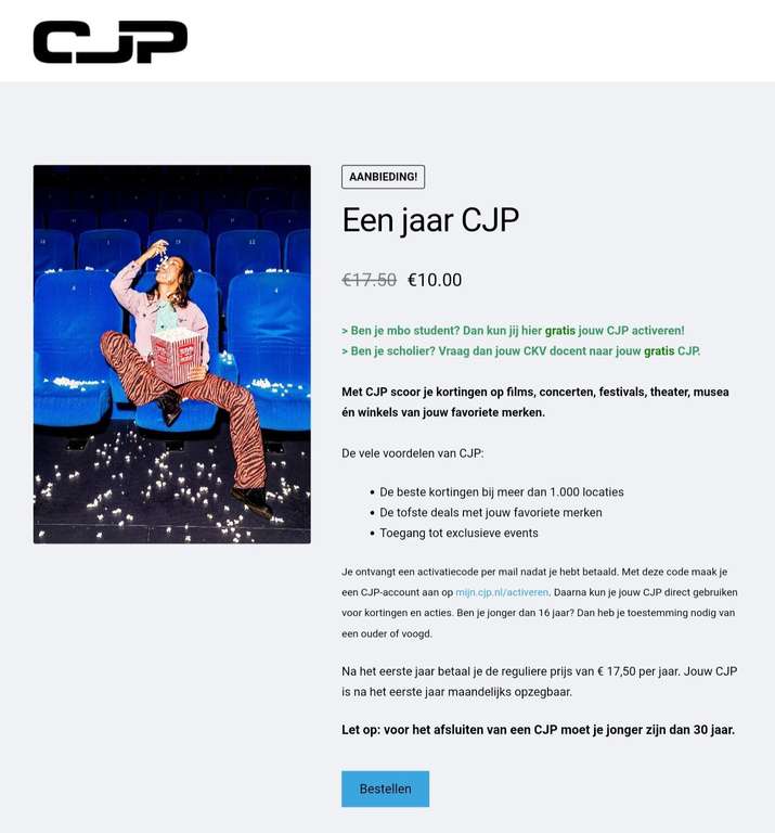 Jaar CJP voor €10 (korting op bios, theater, musea)