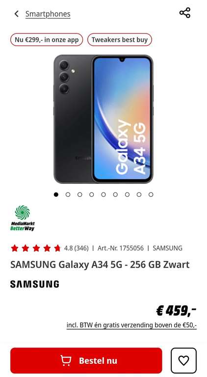 Samsung A34 256gb: €299 in app