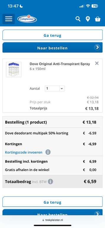 PRIJSFOUT - Dove Original Anti-Transpirant Spray 6x