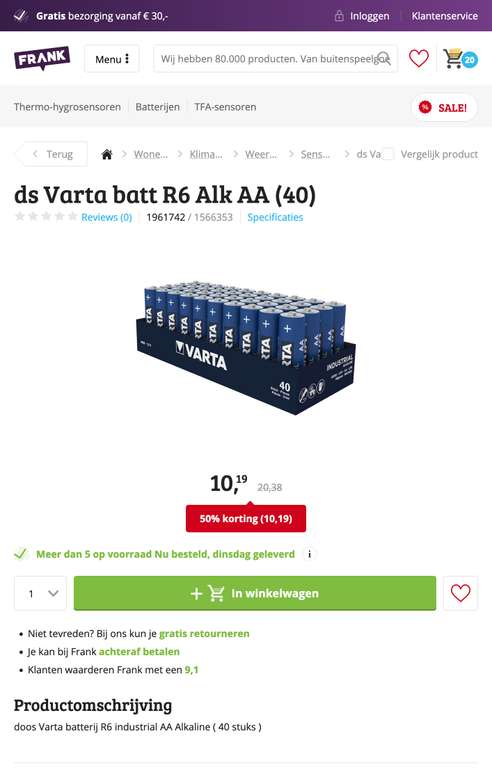 40 stuks Varta Industrial Pro AA alkaline batterijen