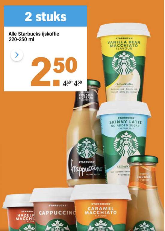 Alle Starbucks ijskoffie 220-250 ml 2 voor €2,50 @ AH