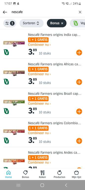 Nescafé Farmers Origin Nespresso caspules 20 stuks voor € 1 via AH Bonus 1 +1 & Scoupy cashback