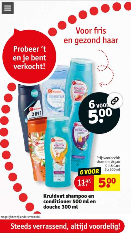 Kruidvat merk shampoo, conditioner en douche 6 flessen voor 5 euro