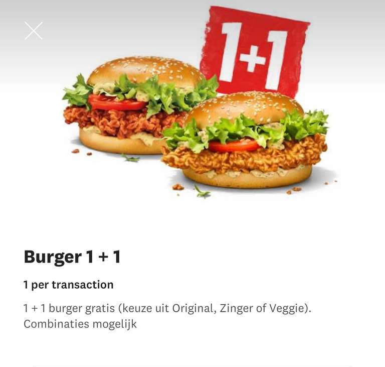 KFC 1+1 gratis op burgers via app, bestelzuil (bij sommigen ook ubereats)