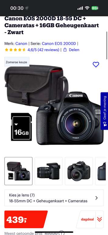 Canon EOS 2000D 18-55 DC + Cameratas + 16GB Geheugenkaart - Zwart
