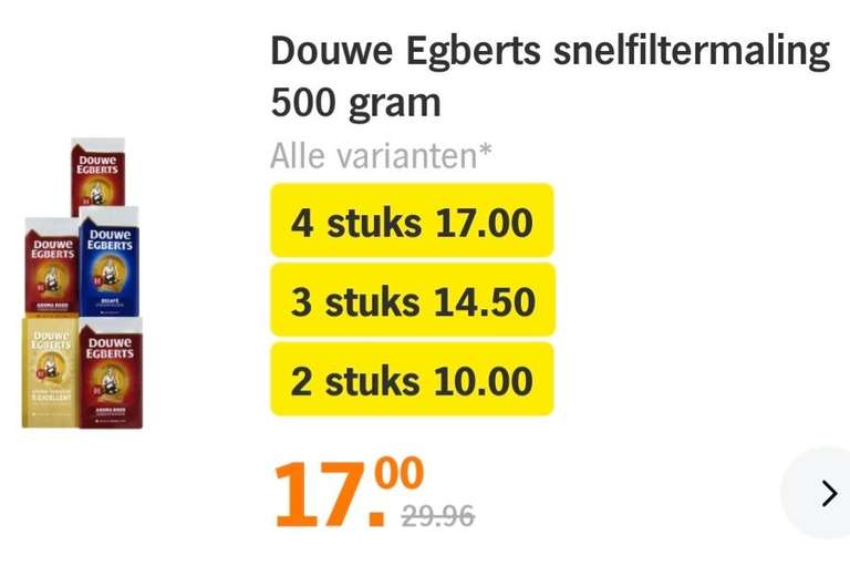 Douwe Egberts snelfiltermaling 4 voor €17,00 bij AH