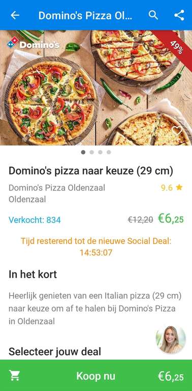 Pizza (29 cm) bij Domino's Oldenzaal voor €6,25 (afhalen) via Social Deal