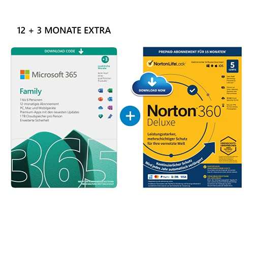 Microsoft 365 Family 12 + 3 maanden & NORTON 360 Deluxe of McAfee | 5 apparaten