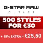 G-star: 500+ items nu €30 + code 15% extra = €25,50 p.s.
