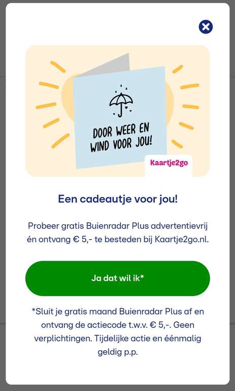€5 @ Kaartje2go.nl via een gratis proefperiode in de Buienradar app
