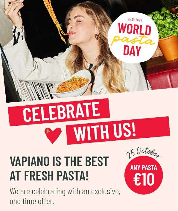 Alle pasta's 10€ bij Vapiano (10% korting t/m 25 oktober!)